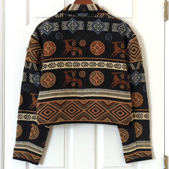 Flashback 90's Vintage Aztec Antelope Woven Tapestry Cropped Jacket Black M - Picture 11 of 12
